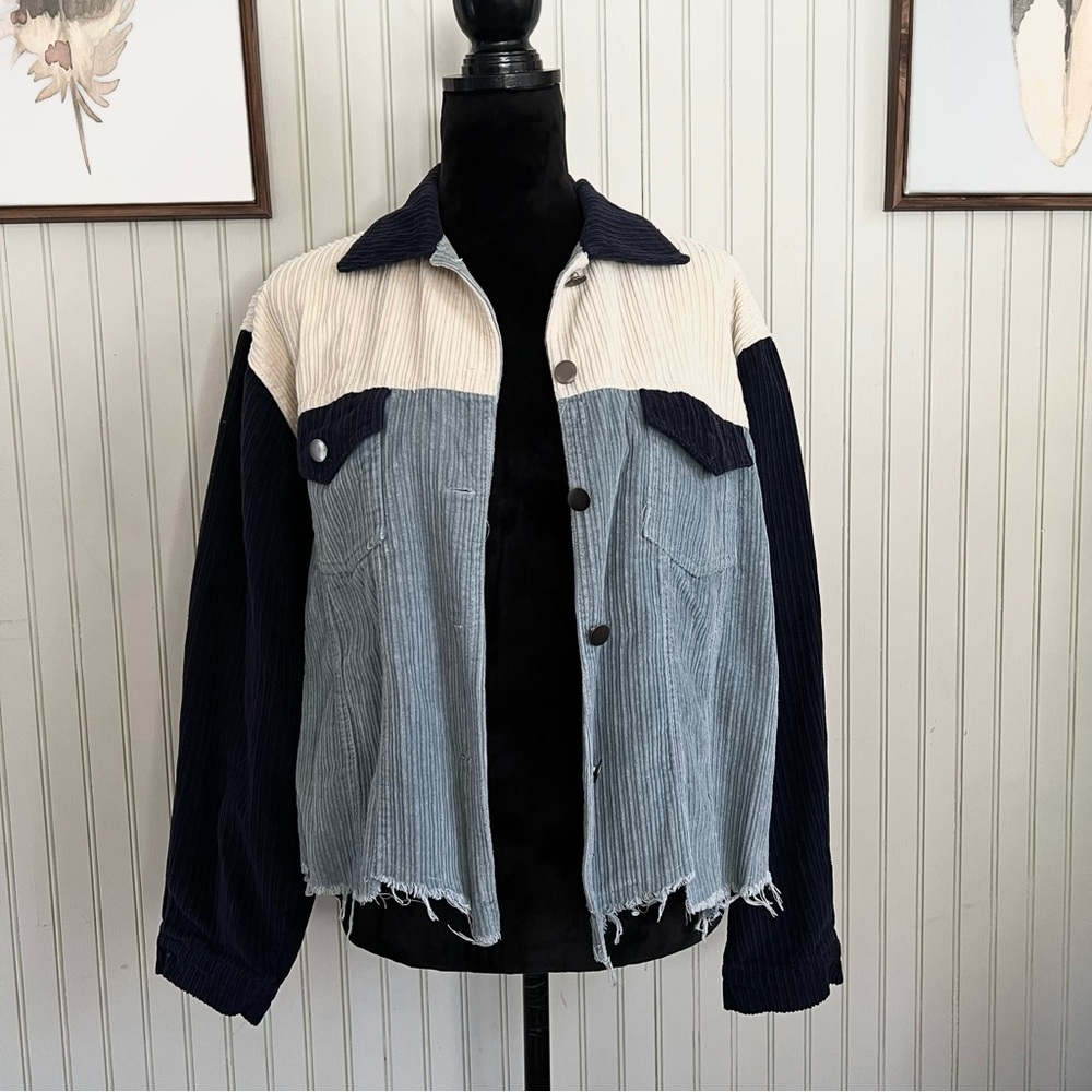 POL Corduroy Long Sleeve Button Down Jacket Blue Colorblock Multi Size Medium